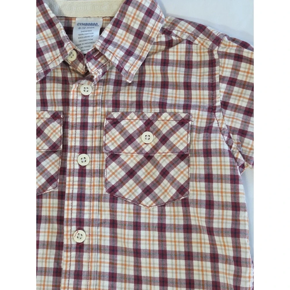 Gymboree Long Sleeve Button Down Shirt Maroon Beige Plaid Boys Size 6-12 Months